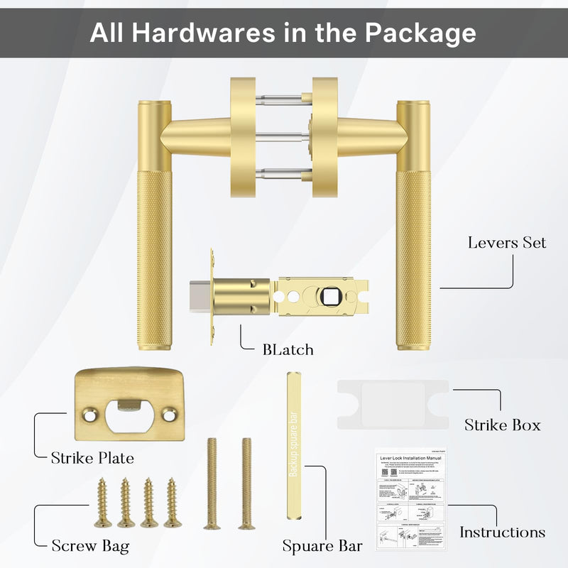 FILTA Gold Door Handles Interior Passage Round Door Handle Knobs Knurled Heavy Duty Keyless Door Lever Lock for Bedroom and Bathroom 1 Pack Passage Door Lever