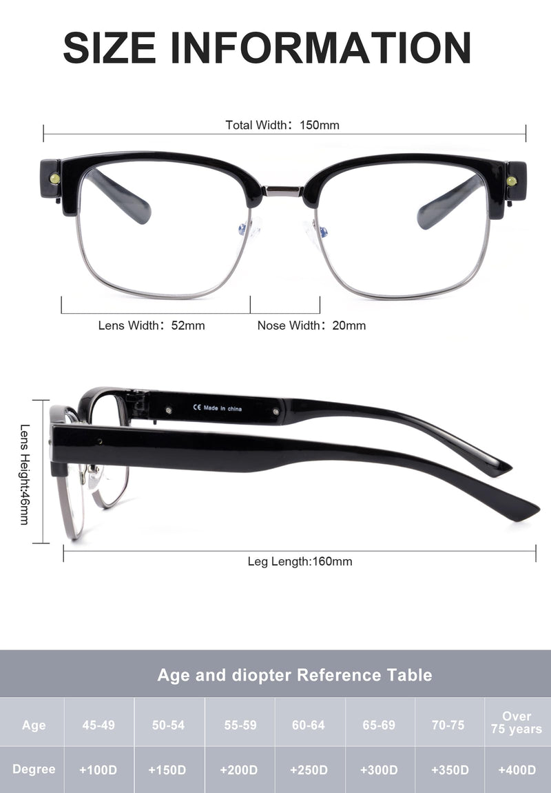 OKH Reading Glasses with Light Metal Frame Magnifier Reading Glasses Rechargeable Bright Led Readers Glasses for Men Women Black 2.0 x