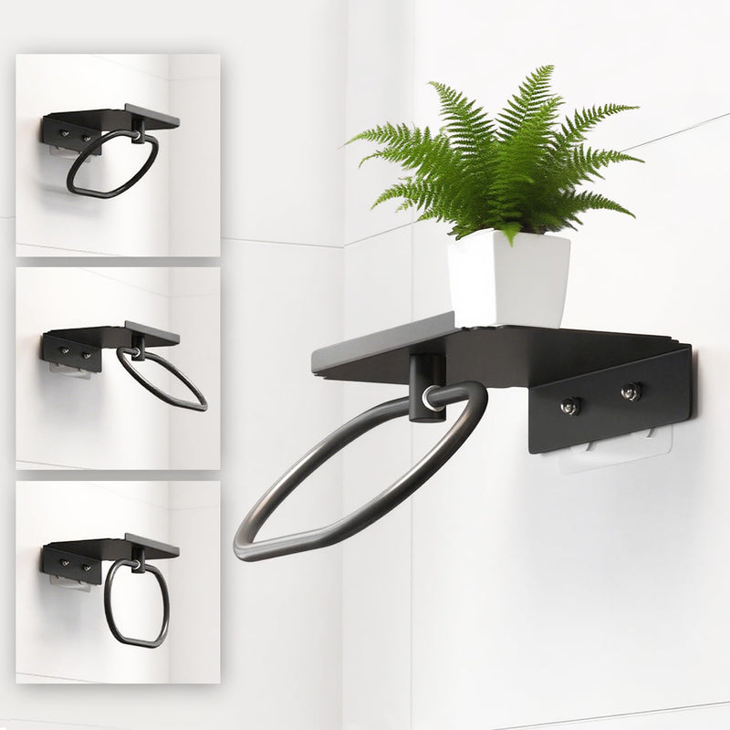Towel Holder with Shelf, Carbon Steel Heavy Duty Wall Mounted Towel Rack Maijdoany for Bathroom Kitchen, Matte Black Hidden Hand Towel Hanger Ring with Storage Shelf