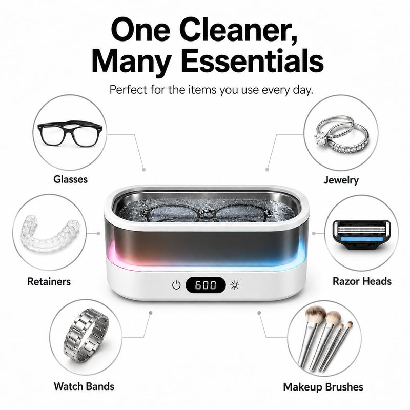 Ultrasonic Cleaner for Jewelry, Glasses & Retainers, 48kHz Sonic Cleaning Machine with 7-Color LED Ambient Light, Digital Timer, Quiet Deep Cleaner for Rings, Dentures & Watches（White） White