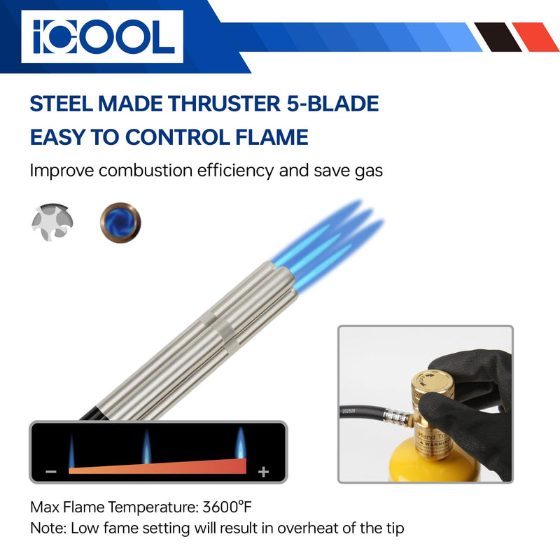 ICOOL Triple Flame Hand Torch, Maximum Temperature 3600℉, Propane MAPP Gas Torch for Welding Brazing Plumbing HVAC