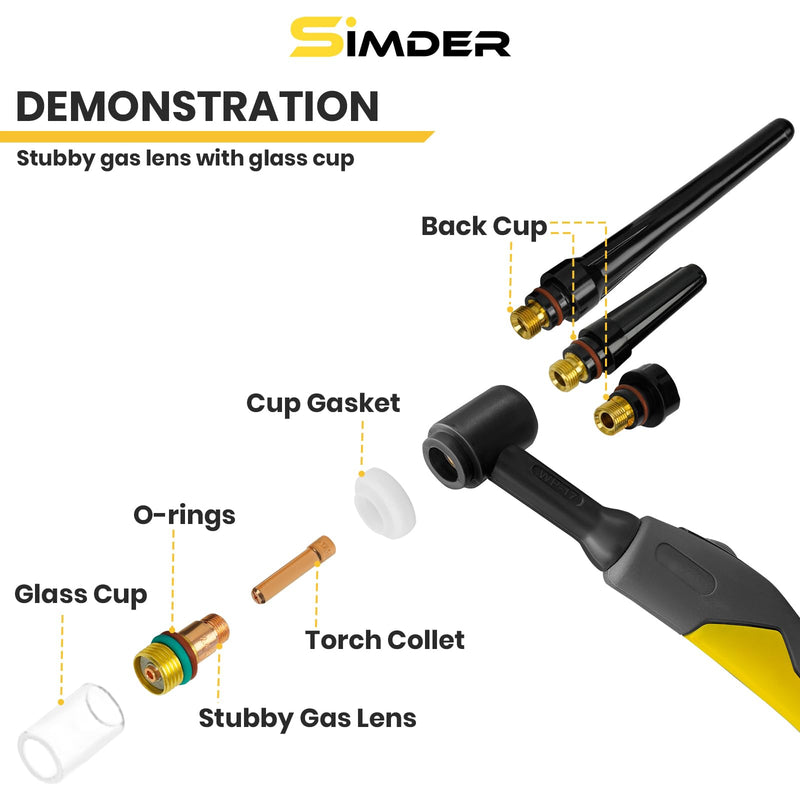 SSimder 55Pcs TIG Welding Torch Accessories Alumina Nozzle Collets Body Stubby Gas Lens #10 Glass Cup For WP-17/18/26