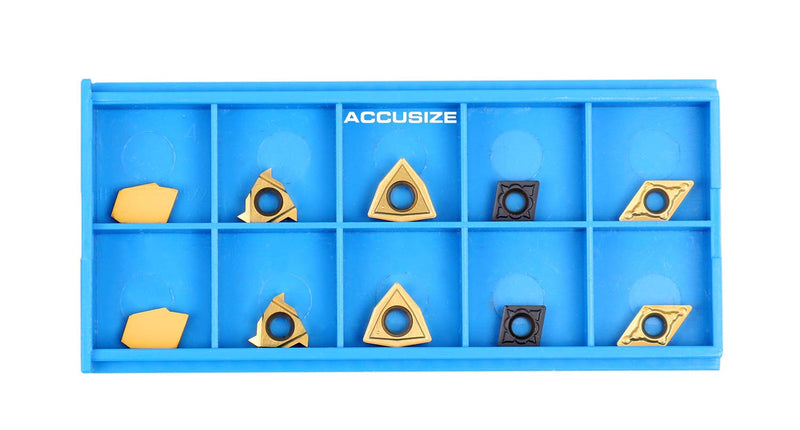 Accusize Industrial Tools 2 Pc of Each Kind of Carbide Inserts for 2988-0038, CVD Coated and Tin Coated, Total 10 Pieces, 2988-0038Inserts | 2 Each of 11ER, GTN-2, WCMT2.52, CCMT21.5, and DCMT21.5; TiN and CVD Coated for Steel, 2988-0038INSERTS