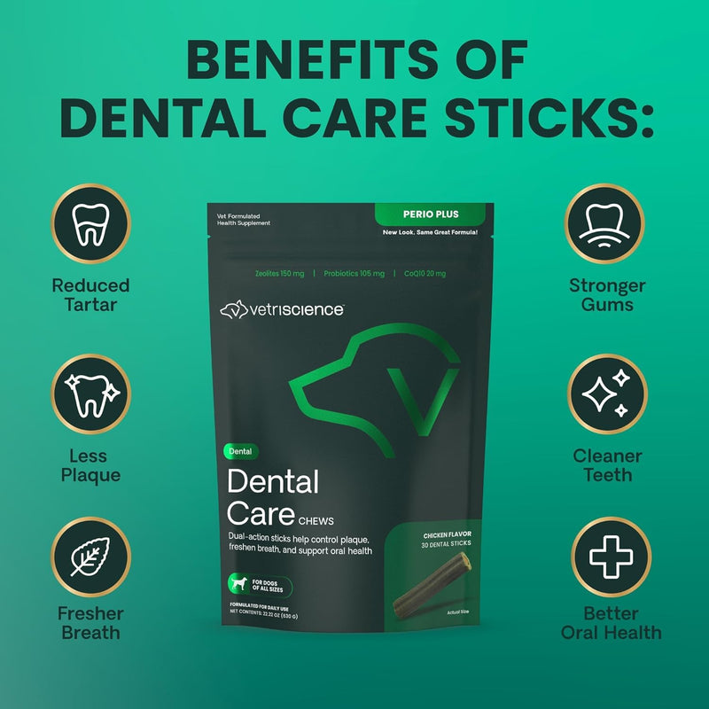 VetriScience Healthy Mouth Dental Chews, Perio Plus Sticks for Dogs, with Probiotics, Spirulina & Zeolites, Breath Freshening, Plaque & Tartar Control, Chicken, 30 Count 30 Chews