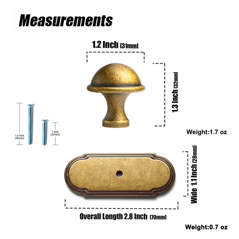 6 Pack Antique Brass Cabinet Knobs with Backplate, Sturdy Zinc Alloy Round Retro Style Dresser Handle Hardware for Bedroom, Kitchen 2504GT-G014 Orbit Rim