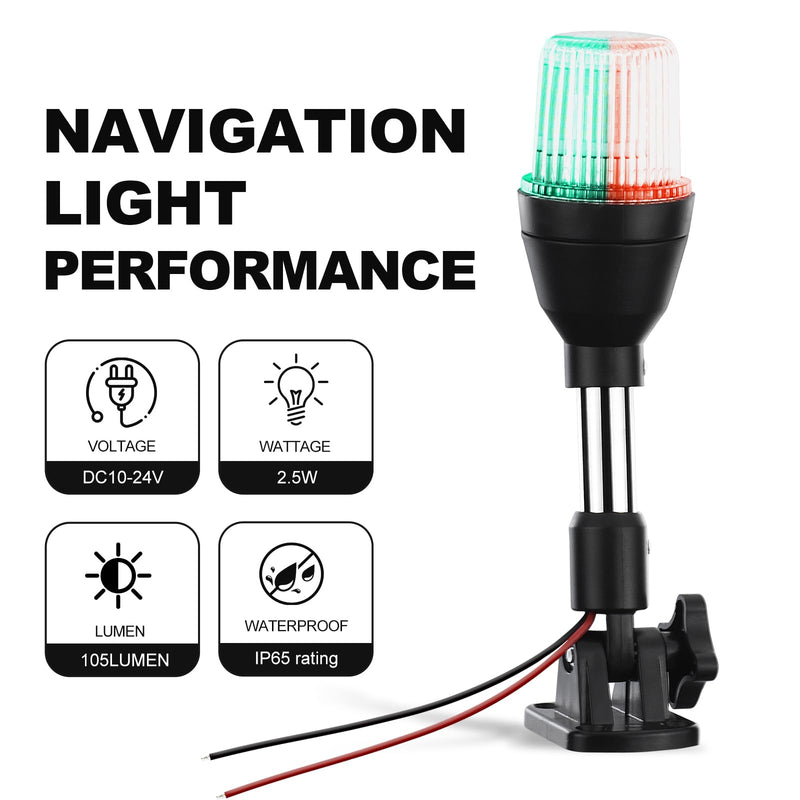 LED Tri-Color Navigation Light,Bimini Top Red-Green-White Combination Boat Bow Light & Anchor Light, Stainless Steel Foldable Pole Base, 10-24V DC,10 Inches