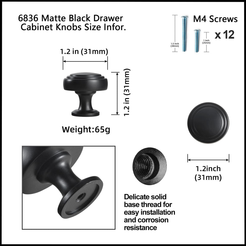Goo-Ki 6 Pack Matte Black Cabinet Knobs Zinc Alloy Drawer Knobs, Modern Black Dresser Knob Single Screw/Hole Cabinet Pulls Kitchen Cabinet Hardware