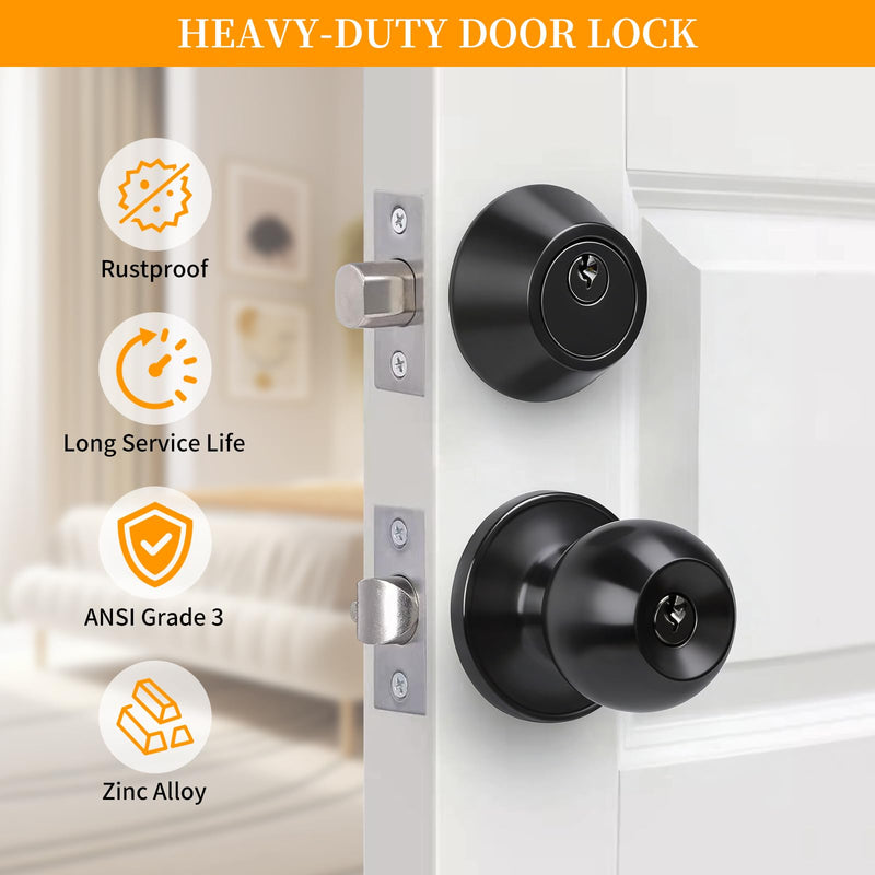 Secure Keyed Entry Door Knob with Lock & Key, Heavy-Duty Exterior Interior Door Lock Handle for Front Door, Home Bedroom Bathroom, Commercial & Residential Entry Door Hardware,Matte Black 1 587ET+D101--Matte Black