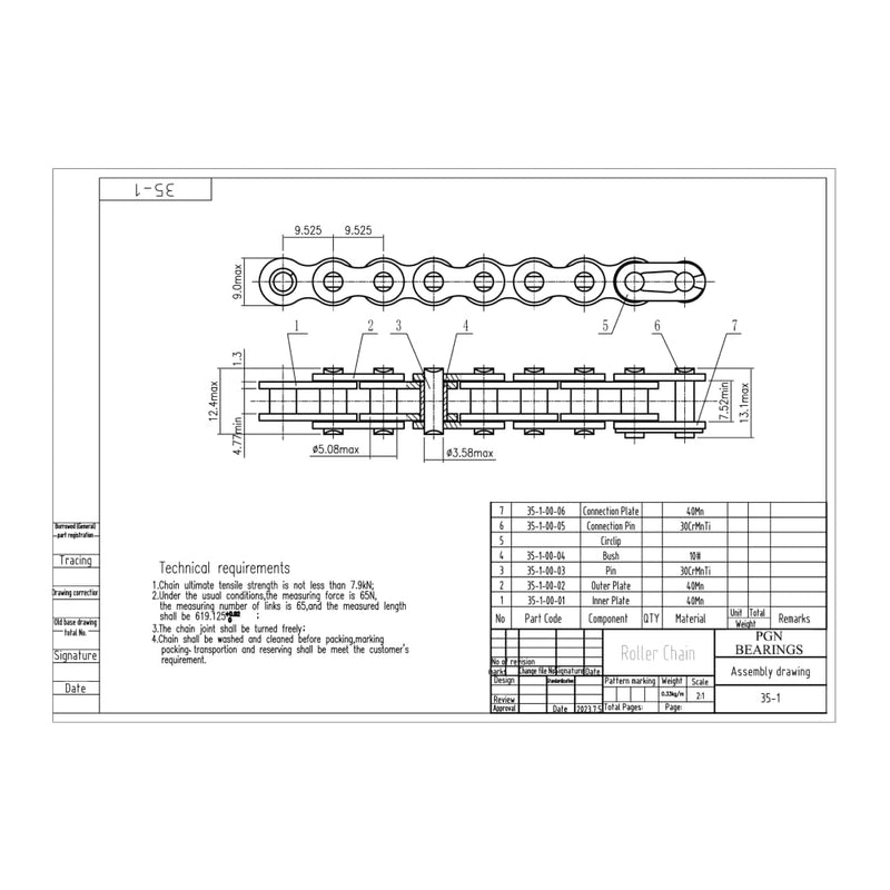 PGN #35 Roller Chain - 3 Feet + Free Connecting Link - Carbon Steel Chains for Bycicles, Mini Bikes, Motorcycles, Go-Karts, Home and Industrial Machinery - 95 Links