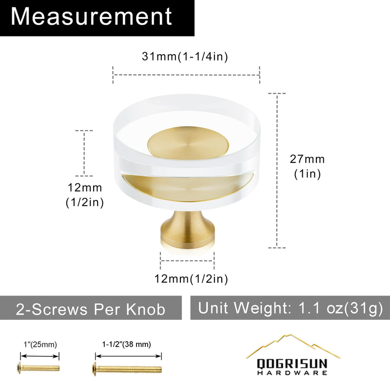 QOGRISUN 10-Pack Brass Crystal Cabinet Knobs,Glass Crystal Gold Drawer Knobs,1-1/4-Inch Round, Decorative Dresser Pulls, Modern Cabinet Hardware 1-1/4-Inch Round