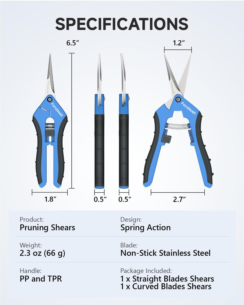 Fondwell 6.5" Pruning Shears Trimming Scissors: Small Garden Snips with Micro Tip - Plant Clippers of High Cutting Efficiency Straight & Curved