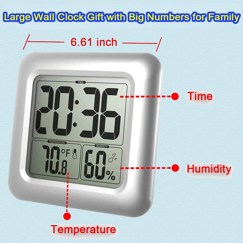 Shatterproof Bathroom Waterproof Hanging Shower Wall Clock, Big Digital Water Resistant Outdoor Clock Thermometer Hygrometer Combo, Large Display Elderly Kids Mirror Suction Cup Clock, Table Standing Silver