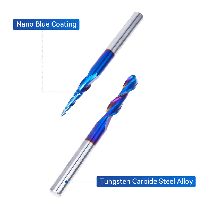 LUNYEE 4PCS Ball Nose Set Spiral Router Bits 1/4" Shank, 1/4" 1/8" 1/16" 1/32" Cutting Diameter, 3" Over Length End Mill Spiral Router Bit with NACO-Blue Coating for 2D&3D Carving Engraving