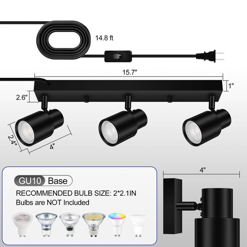 Plug-in Track Lighting LED, Track Light Fixtures Ceiling, Black 3-Light Track Lights for Kitchen, 3 Way Ceiling Spotlight, Rotatable Wall Mount Light Head for Bedroom Hallway, Bulb Not Included 3-Light Track Lighting(Black)