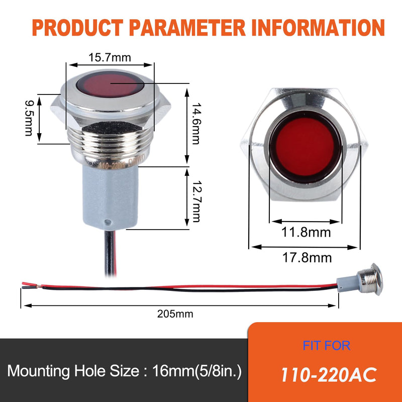 2PCS 16mm Metal Indicator Light Mounting Hole 5/8", 110-220VAC 20mA Waterproof IP67 Single lamp LED Pilot Lamp Flat Head with 20cm/7.87in. Wire for Car Truck Boat(Red LED) Red 110-220V 16mm