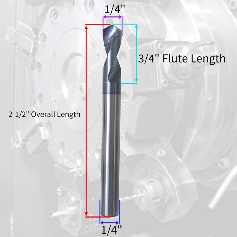 1/4" Carbide Spotting Drills, 2-1/2" Overall Length, 2 Flute, 120 Degree, 1/4" Shank Diameter, 3/4" Flute Length, AlTiN Coated, Spot Drill 1/4 in
