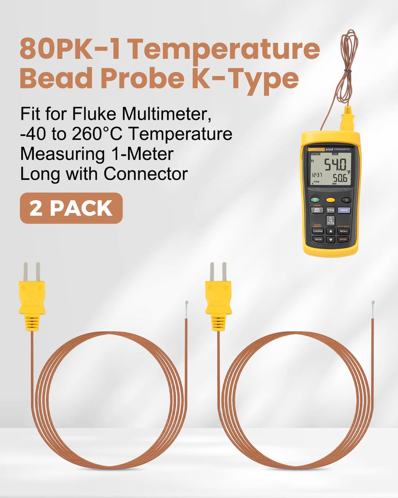 80PK-1 K-Type Bead Temperature Probe Fit for Fluke thermocouple Meters 1M Length High Accuracy, 2Pcs 2