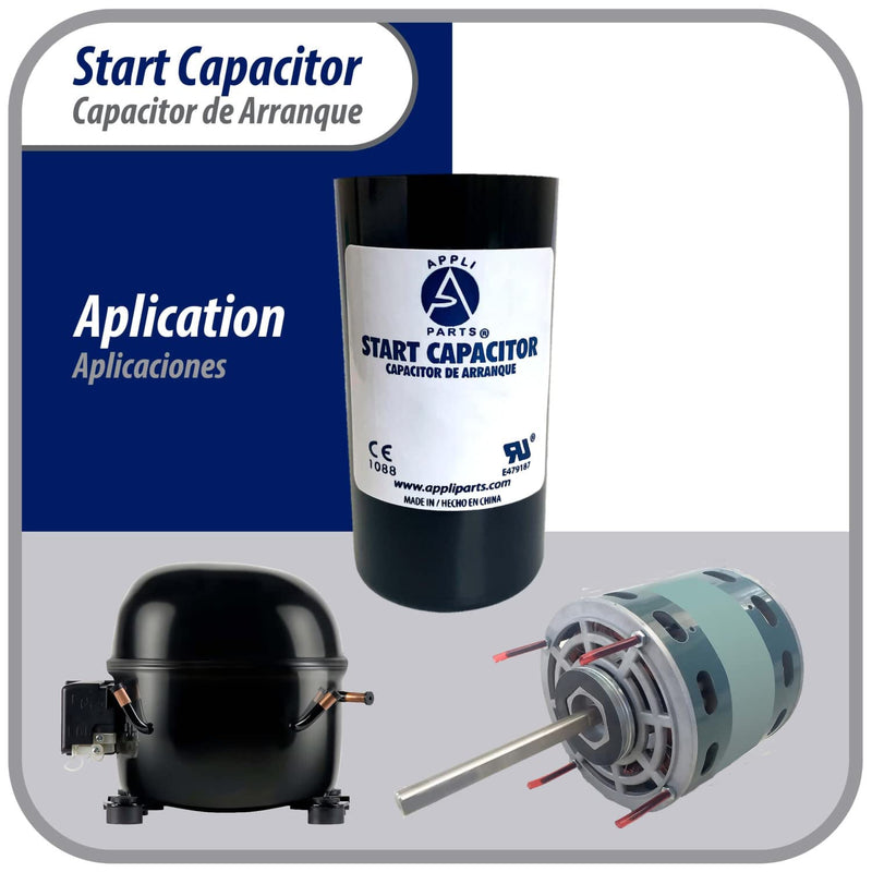 Appli Parts Motor Start Capacitor 88-108 Mfd (microfarads) uF 330 VAC Universal fit for Electric Motor Applications 1-7/16 in Wide 3-3/8 in Height CON-88-330