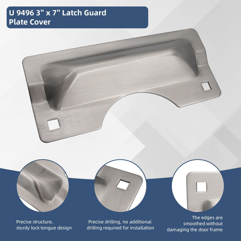 U9496 Latch Guard Plate 3" x 7" Stainless Steel for Out-Swing Doors | Helps reinforce door latch areas to resist prying, tampering and forced entry while maintaining a clean finished appearance.