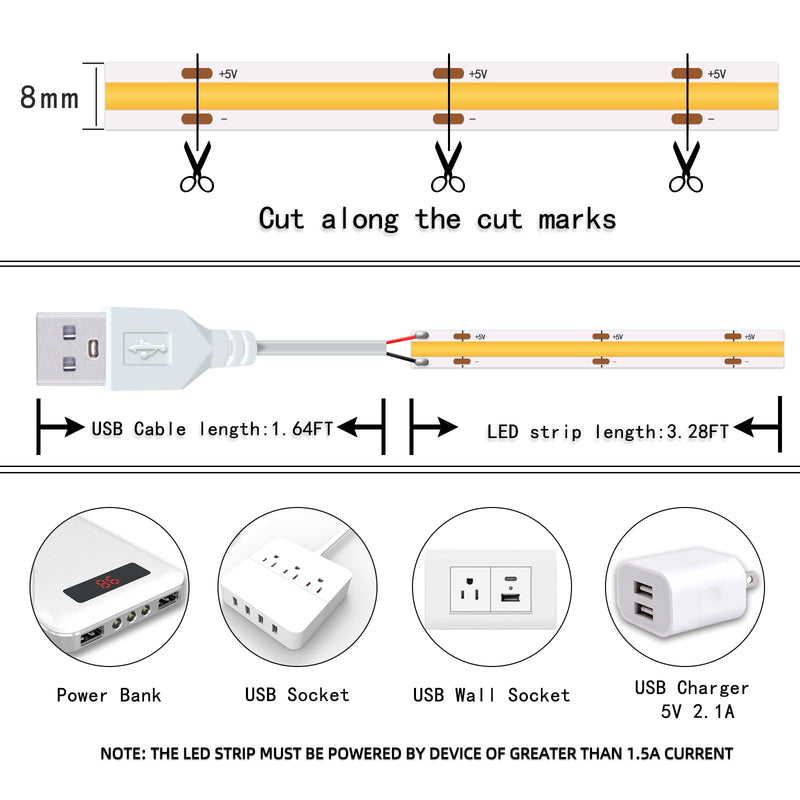 Led strip lights 5V USB LED Lighting COB Short LED Strip Light White Flexible Not Dimmable led lights for Display Cabinet,Kitchen Living Room,Home Lighting Decor led tv lights (3.28FT/6500K) 3.28FT/6500K