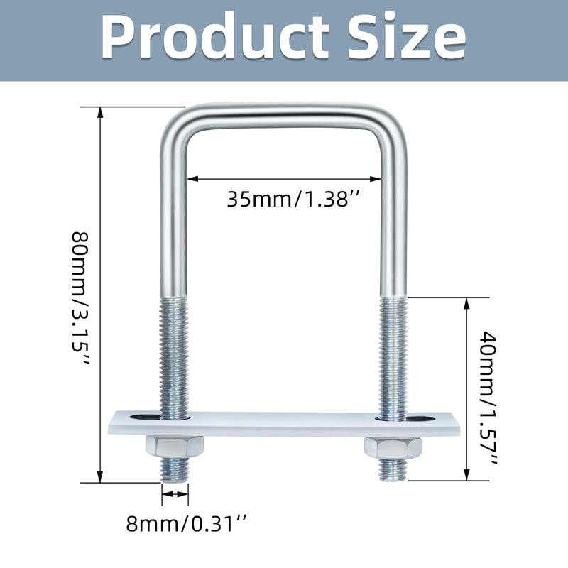 Square U Bolt 4 Sets, 35mm (1.38") Inner Width 80mm (3.15") Length, Carbon Steel in Zinc U Bolt, M8 with Nut, Plate, Washer, (M8 x 35 x 80mm) M8 x 35 x 80mm