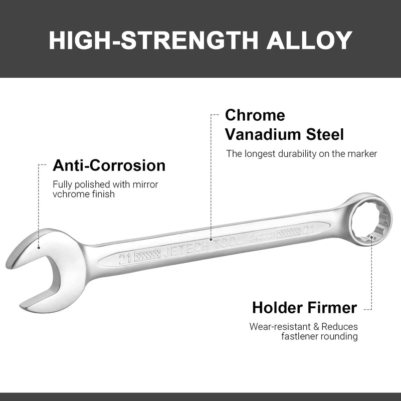 Jetech 21mm Industrial Grade Combination Wrench, Chrome Vanadium Steel, 12-Point Design, 15-Degree Offset, Sand Blasted Finish, Forged, Heat-Treated, Metric Metric 21mm