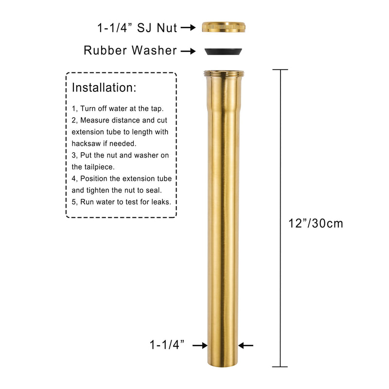 Brass Slip Joint Extension Tube 1-1/4” OD x 12” with Nut and Rubber Washer, P Trap Extension Tube, Sink Drain Tailpiece Tube Extension, Brushed Brass Gold