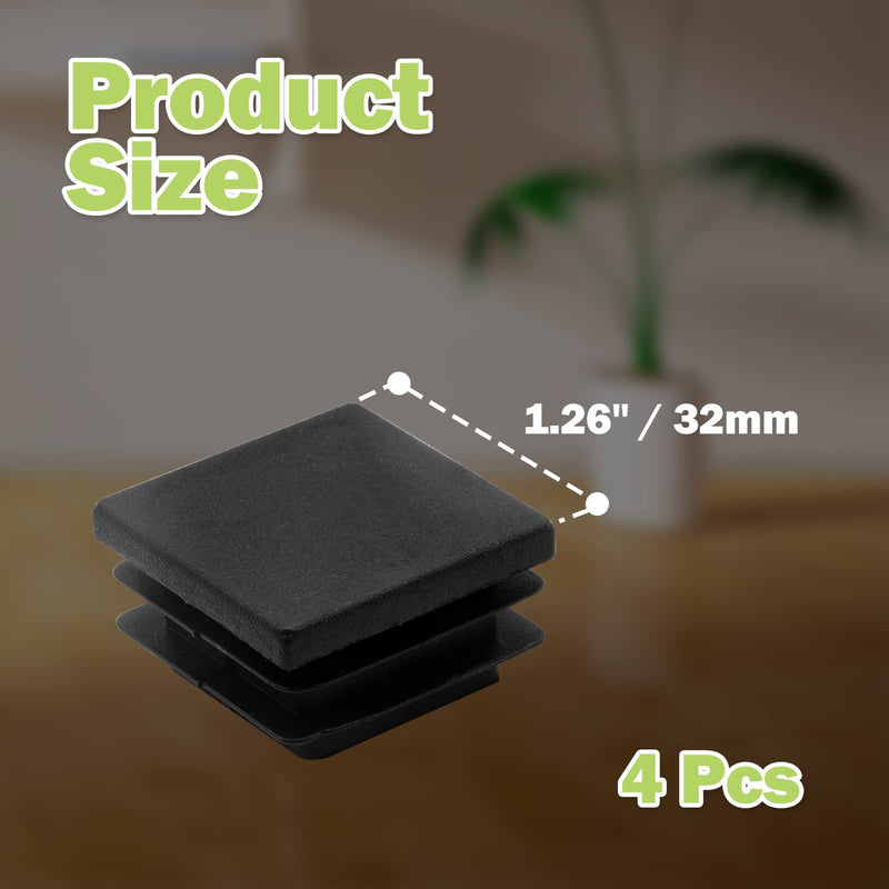 4 Pcs 1-1/4" Square Plastic Plug, Black Square Plastic End Cap Furniture Finishing Plug for Pipe Post, Chairs and Furniture 4pcs Black 1-1/4 x 1-1/4 Inch