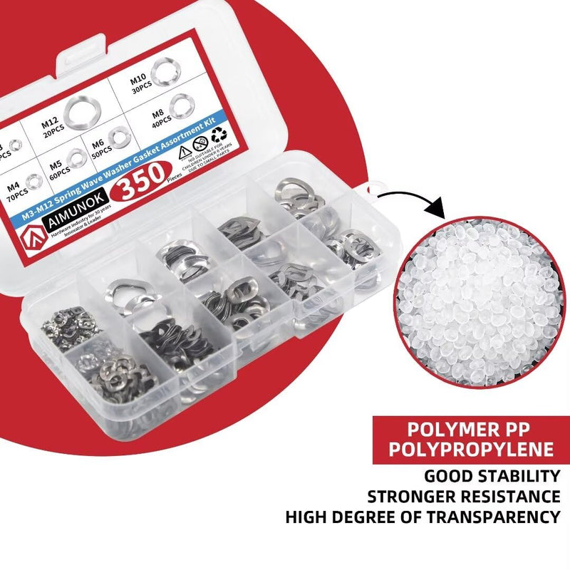 350PCS Spring Wave Washer Gasket Assortment Kit, M3 M4 M5 M6 M8 M10 M12 Wavy Wave Crinkle Spring Washers Sets, 304 Stainless Steel Metric Wave Spring Washer for Screw Bolt. 304 stainless steel M3-M12 Silver