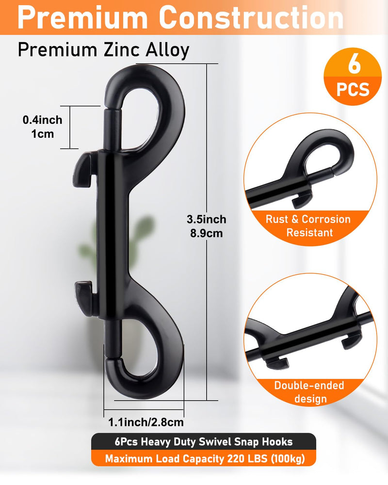 Double Ended Snap Hooks, 3.5 Inch Dog Leash Clip, Zinc Alloy Double Sided Clips, 110 lbs Capacity for Flagpole Rope, Pet Leash, Keys, Chicken Coop Lock,Securing Bird Feeders (6 Pack, Black)