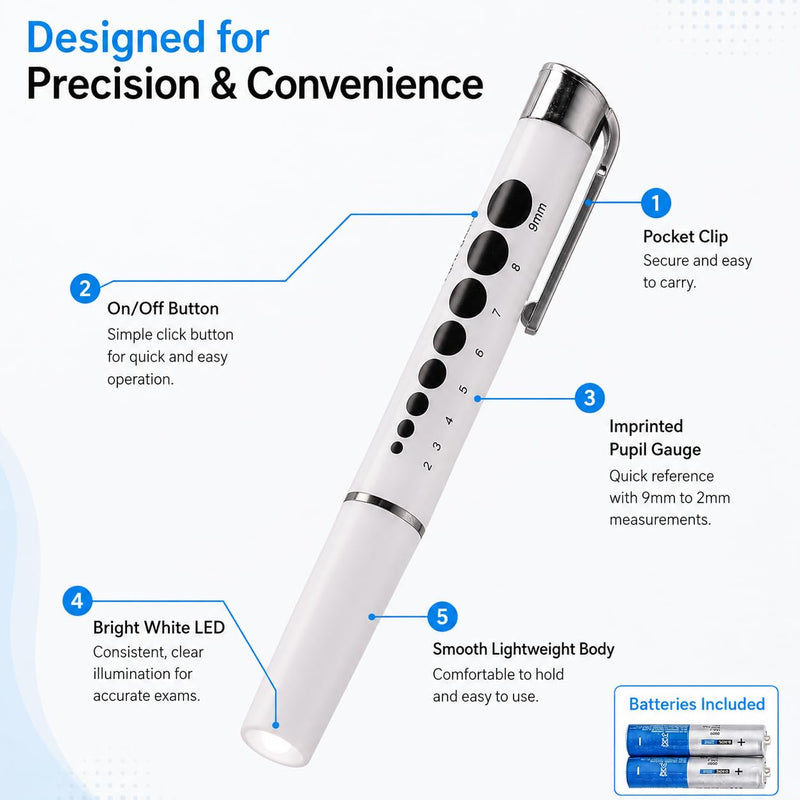 NOVAMEDIC NM-9314-5 5 Pack LED Pen Lights with Pupil Gauge, Reusable Medical Diagnostic Penlights for Doctors, Nurses, EMTs and Nursing Students, White, Batteries Included