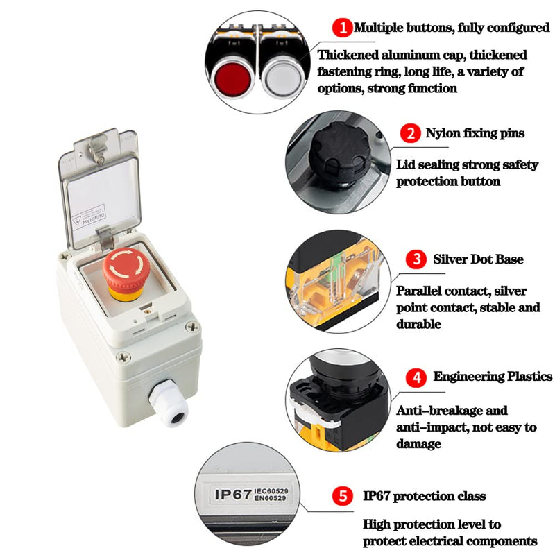 Emergency Stop Button with Box Emergency Stop Switch with Plastic Box e-Stop Button Box Push Button Station Box Red instantaneous switch box