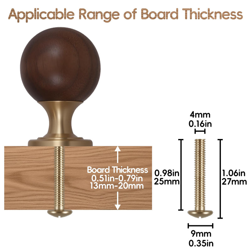 Wood & Brass Cabinet Knobs and Pulls 10 Pack - 1-3/16''(30mm) Walnut Round Gold Cabinet Knobs Hardware with Copper Base, Vintage Wooden Handle for Dresser Kitchen Cupboard Drawer Walnut Wood Ball + Solid Brass Base 30mm|1-3/16''