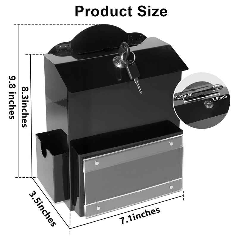 Suggestion Box with Magnetic Sign Holder, Metal Donation Boxes with Lock and Slot, Prayer Drop Ballot Raffle Tip Jars Wall Mounted Box for Fundraising Churches Offices School Black