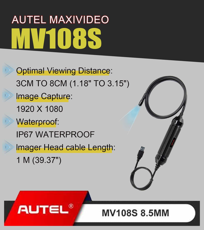 Autel MaxiVideo MV108S Digital Inspection Camera, 2025 Upgrade MV108/MV105S IP67 Waterproof 8.5mm Borescope 39.37'' 2MP Camera + LED Light 1920x1080 Compatible with Autel Scanner & PC