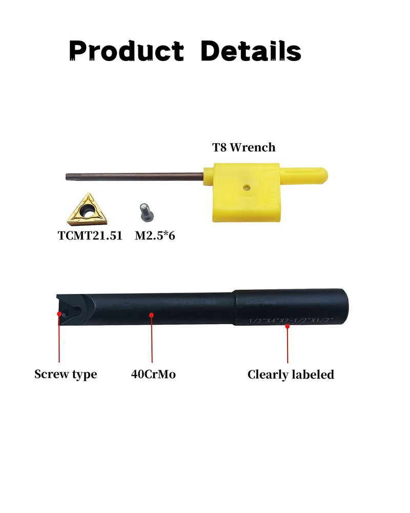 GBJ 1/2"Round Shank Boring Bar Set,90 Degree with Indexable Carbide Inserts TCMT21.51(TCMT110204),4 Pieces/Set for Processing Steel and Stainless