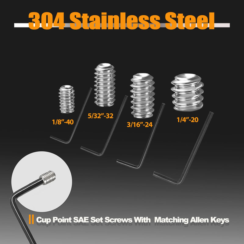 Kadrick 240Pcs SAE Set Screws, 1/8''-40 5/32''-32 3/16''-24 1/4''-20 12 Sizes 304 Stainless Steel Grub Screws