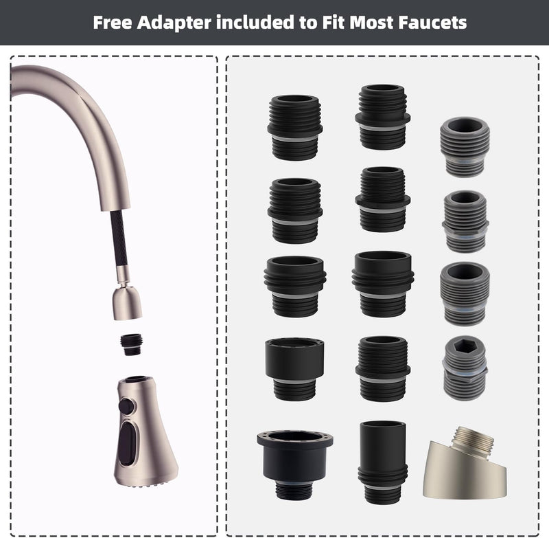 Hibbent Pull Down Spray Head for Kitchen Faucet, 3-Function Sink Spray Nozzle with 15 Adapters, Faucet Head Replacement Compatible with Moen, American Standard, Delta, Kohler Faucets, Brushed Nickel 2.5 Gallon Per Minute