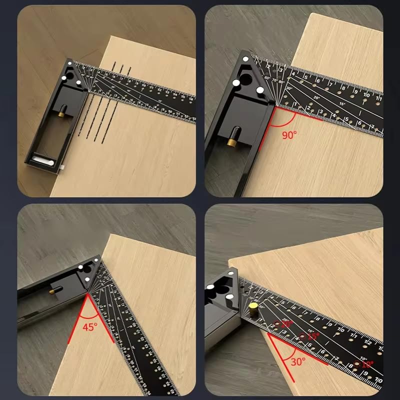 12 Inch Measuring Ruler, 45_90 Degree Hole Framing Carpenter Square Ruler, Multi-Angle Measuring Right Angle Ruler with Retractable Ledge and Scribe Mark Pin (Black)