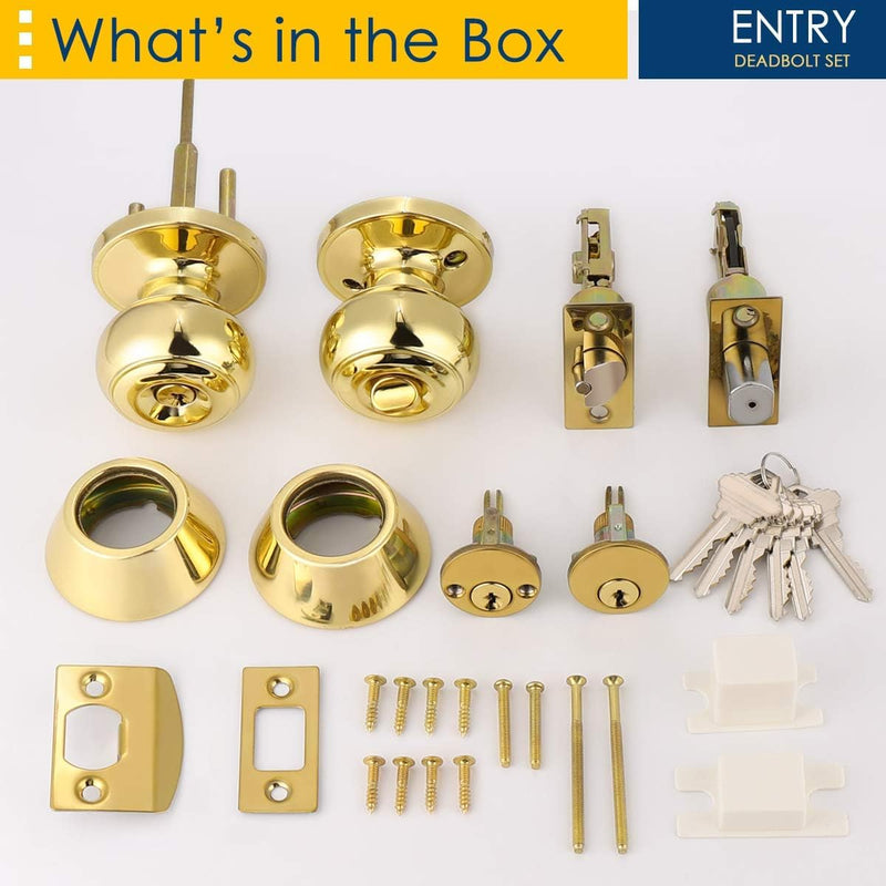 2 Pack Polished Brass Round Entry Door Knobs and Deadbolt Combination Set, Keyed Alike Double Cylinder Deadbolt Door Lock Set 2