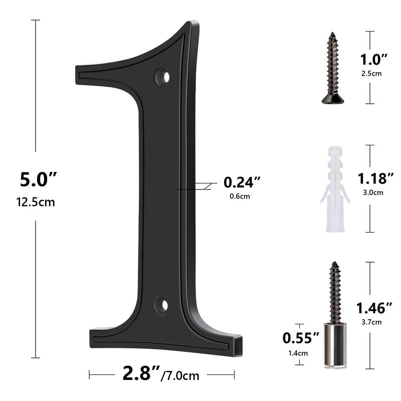 House Numbers 1, Emotionlite House Address Numbers, Black Large Modern House Numbers for Outside, Metal Mailbox Number, 5" Zinc Alloy Style 5 inch