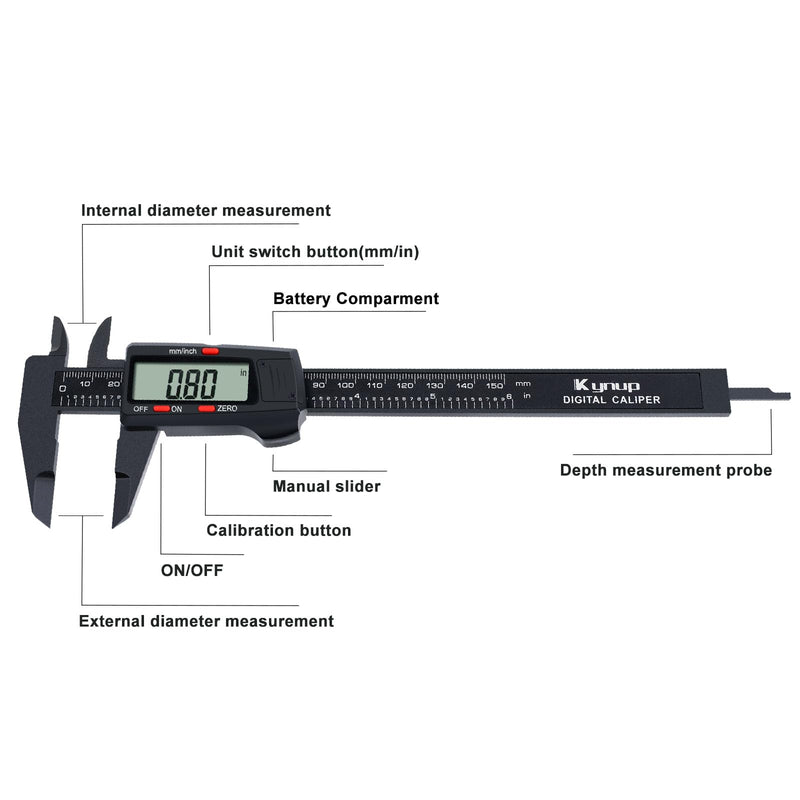 Kynup Digital Caliper, Caliper Measuring Tool with LCD Screen, Electronic Micrometer Caliper with Auto-Off Feature, Inch and Millimeter Conversion(0-6") 6" Plastic Black