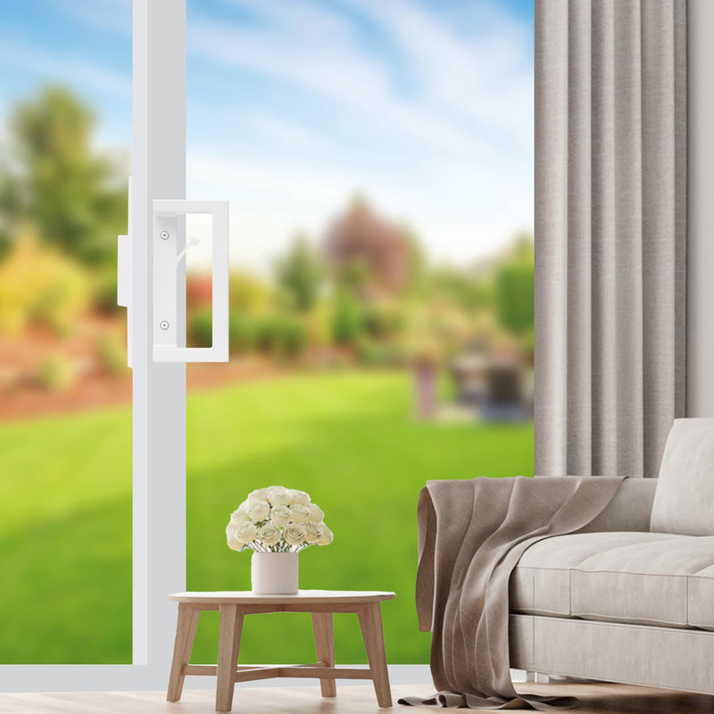Sliding Door Handle Replacement, Reversible Keyless Sliding Patio Door Handle Fits Door Thicknesse is 1-3/4'' to 2-1/5'' and 3-15/16'' Screw Hole Spacing. White Handles Only