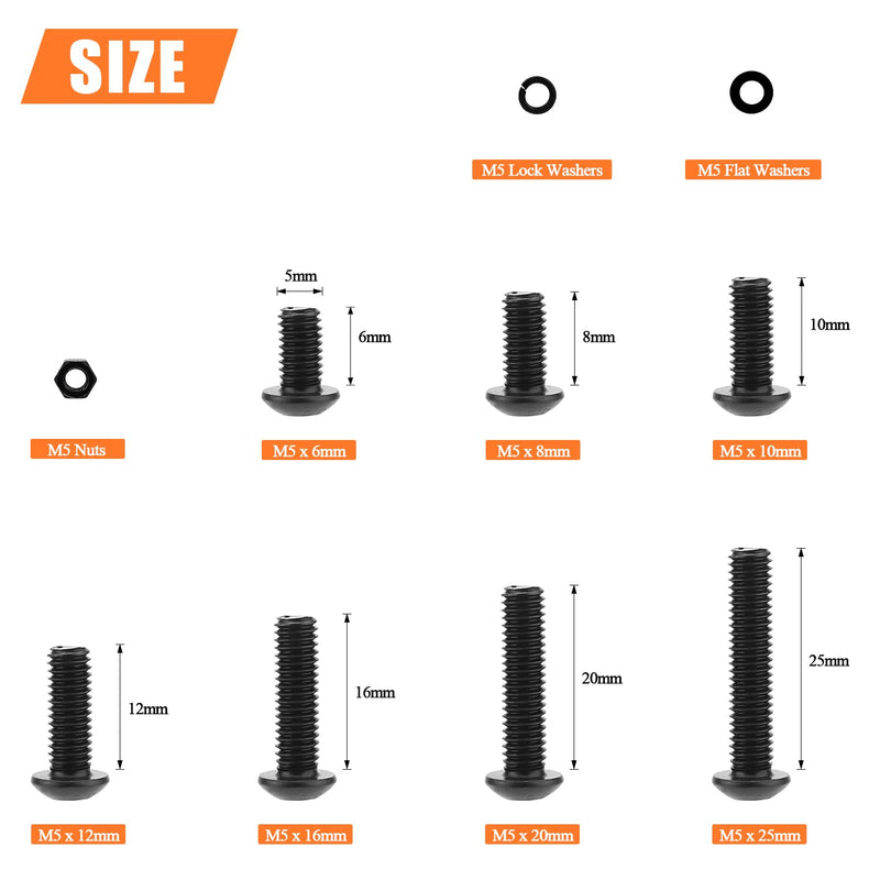 240 Pieces M5 x 6mm /8mm /10mm /12mm /16mm /20mm /25mm, Button Head Socket Cap Screws Bolts Washers Nuts Kit, 10.9 Grade Alloy Steel, Full Threaded, Black