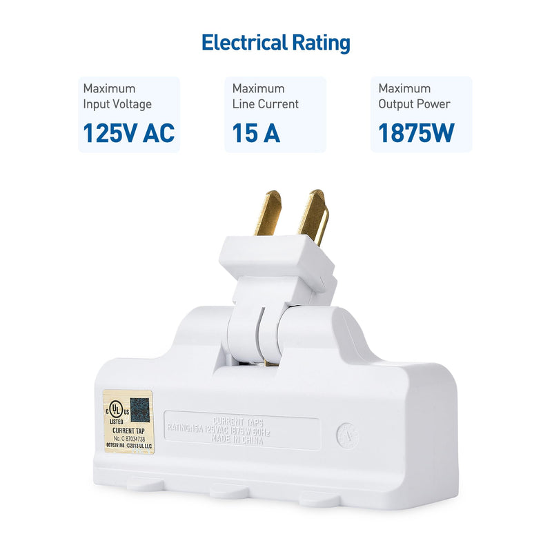 [UL Listed] Cable Matters 2-Pack 3-Outlet Grounded 180 Degree Swivel Wall Tap, Swivel Outlet, 3 Plug Outlet Adapter, Multi-Plug Outlets, White
