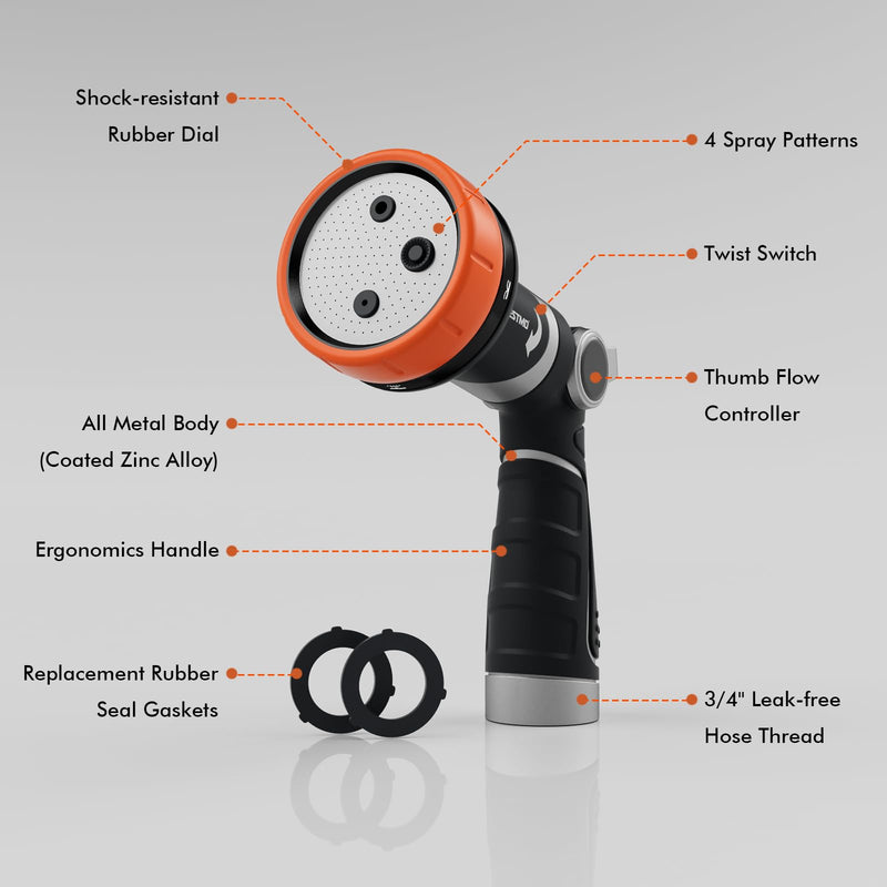 RESTMO Multi-Angle Garden Hose Nozzle with Sprinkler Function, Heavy Duty Water Hose Nozzle with 4 Spray Patterns, Magic Twist and Thumb Flow Control for Garden Watering, Car Washing & Yard, Orange 1