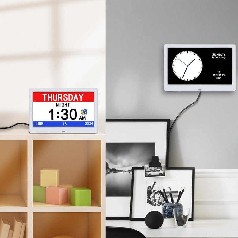 AINFTIME DST Digital Clock with Date and Day of Week for Elderly-12 Alarms Medication Reminder Dementia Alzheimers Clock Calendar with Extra Large Display (10.1 inch White) 10.1 inch White