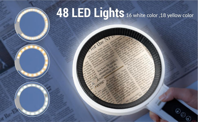 Lighted Magnifier, 2.5X/4.5X Magnifying Glass with 48 LEDs, Adjustable Brightness, 2 Color Modes, Handheld & Desk Stand for Reading, Crafts & Close Work