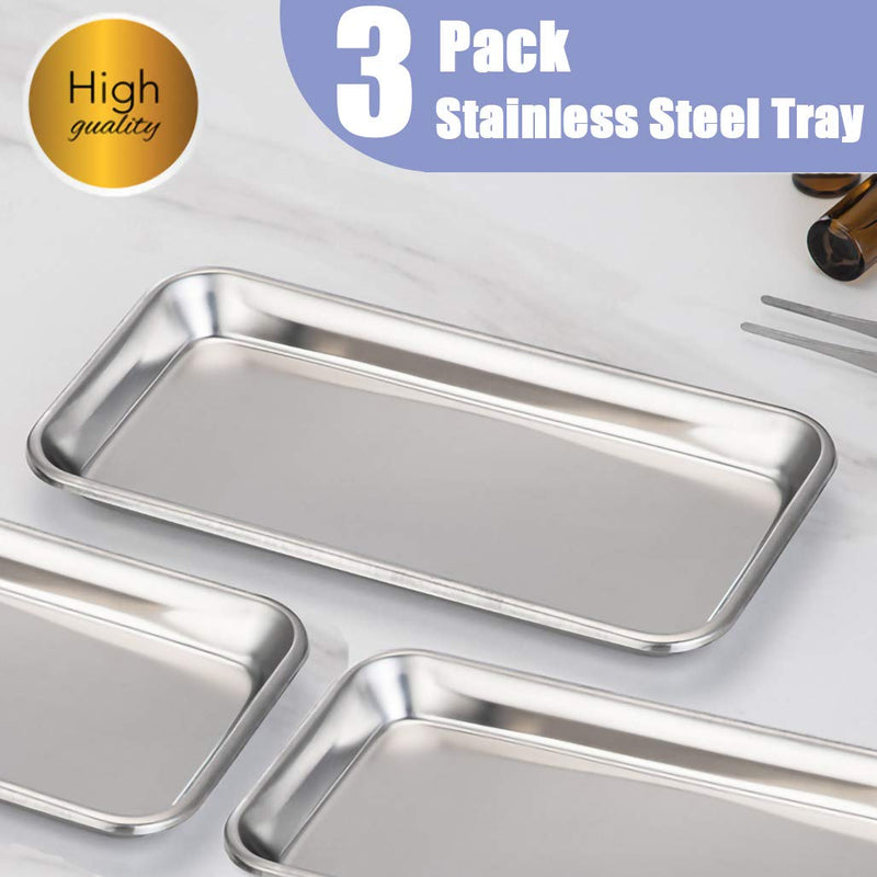 3 Pack Professional Medical Surgical Stainless Steel Dental Procedure Tray Thickening Lab Instrument Tools Trays -Flat Type (8.6" * 4.3" * 0.8", 3) 8.6" * 4.3" * 0.8"
