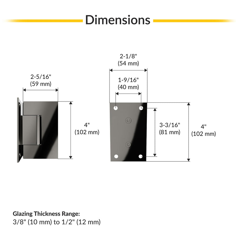 Brixwell V537PN Wall Mount Full Back Plate Hinge 4" Height for 3/8" to 1/2" Monolithic Tempered Glass 5 Degree Preset Yes Polished Nickel Finish